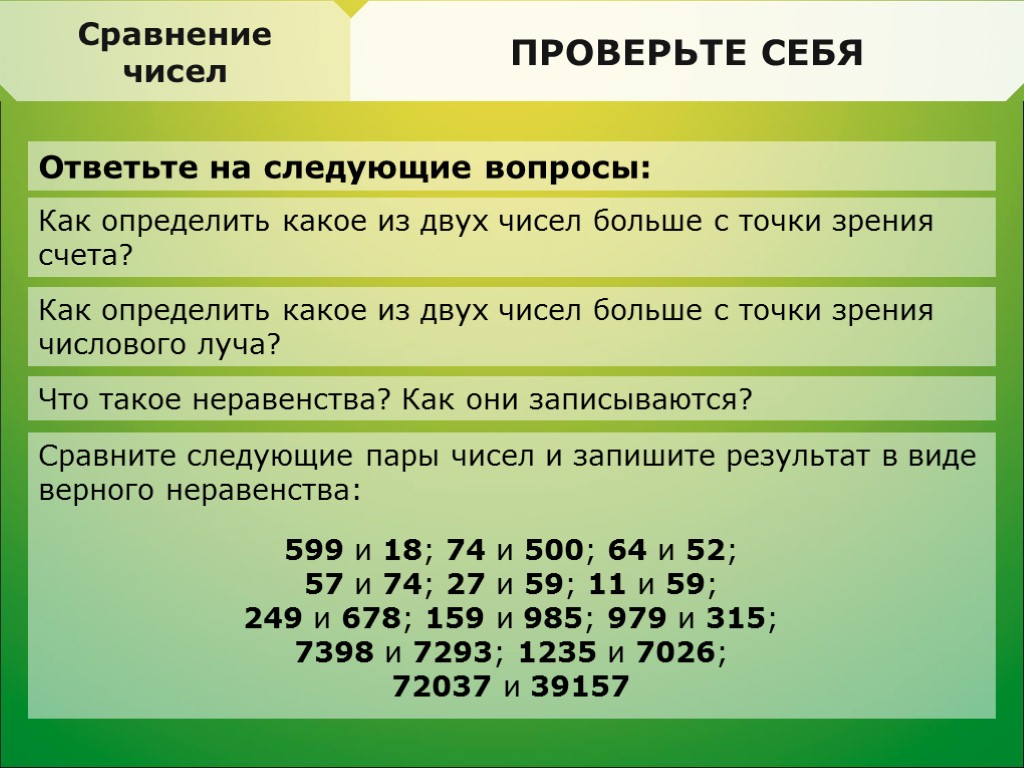 ПРОВЕРЬТЕ СЕБЯ Ответьте на следующие вопросы: Делимость. Свойства делимости ПРОВЕРЬТЕ СЕБЯ Сравнение чисел Как